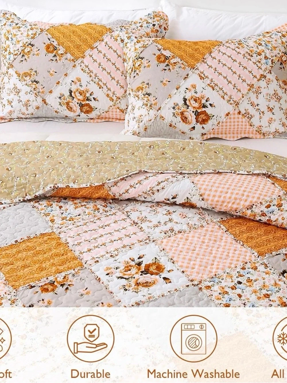 Floral Patchwork Quilt Set in Mustard & Pink - [Brand]